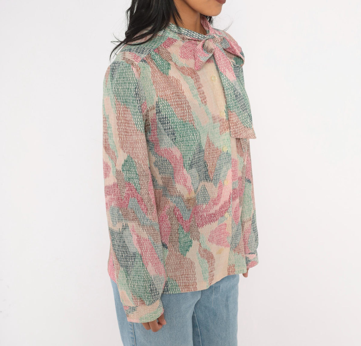 70s Devon Abstract Print Blouse Pink Bow Tie Neck Button Front Medium