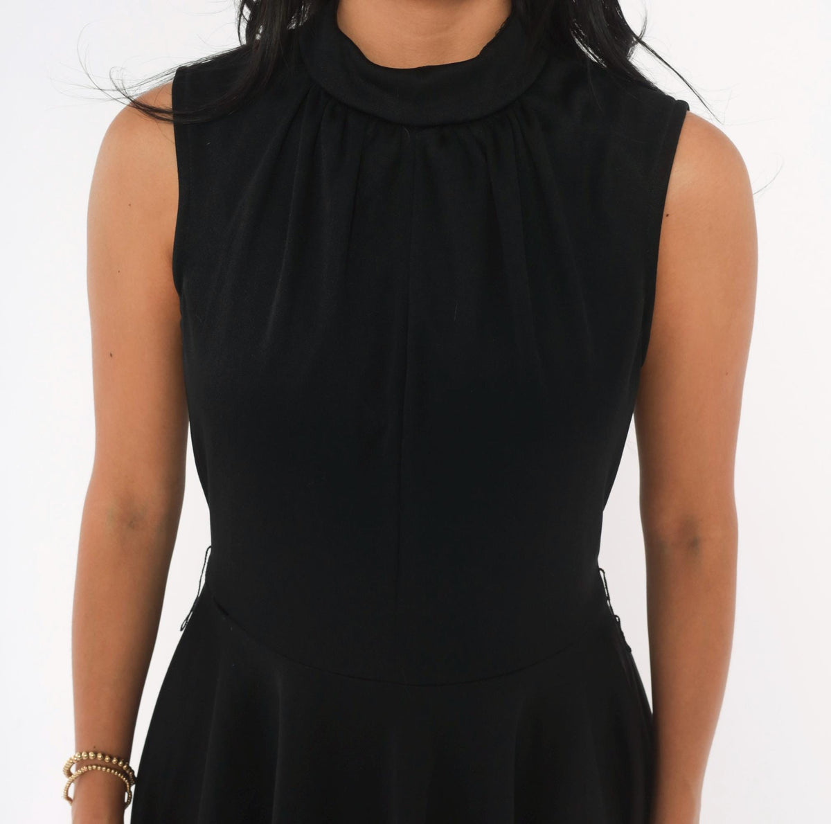 70s Black Mock Neck Sleeveless Dress Circle Skirt Knee Length Medium M