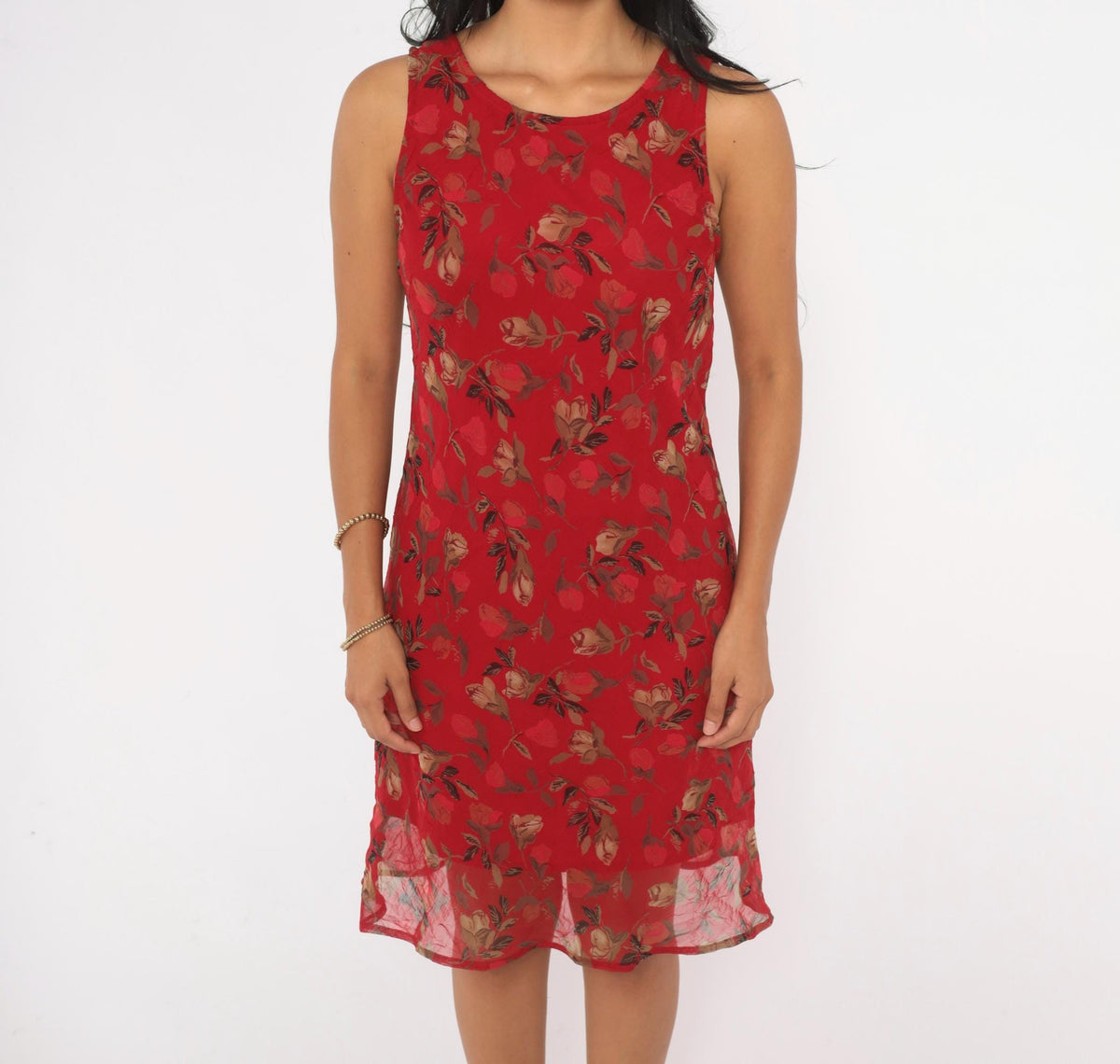 90s City Triangles Red Floral Dress Knee Length Sleeveless Small S