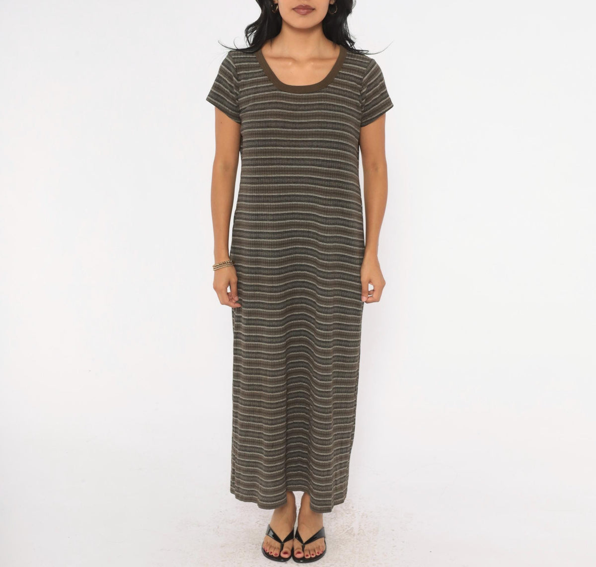 90s No Boundaries Striped Ribbed Knit Midi Dress Olive Brown Scoop Neck Large