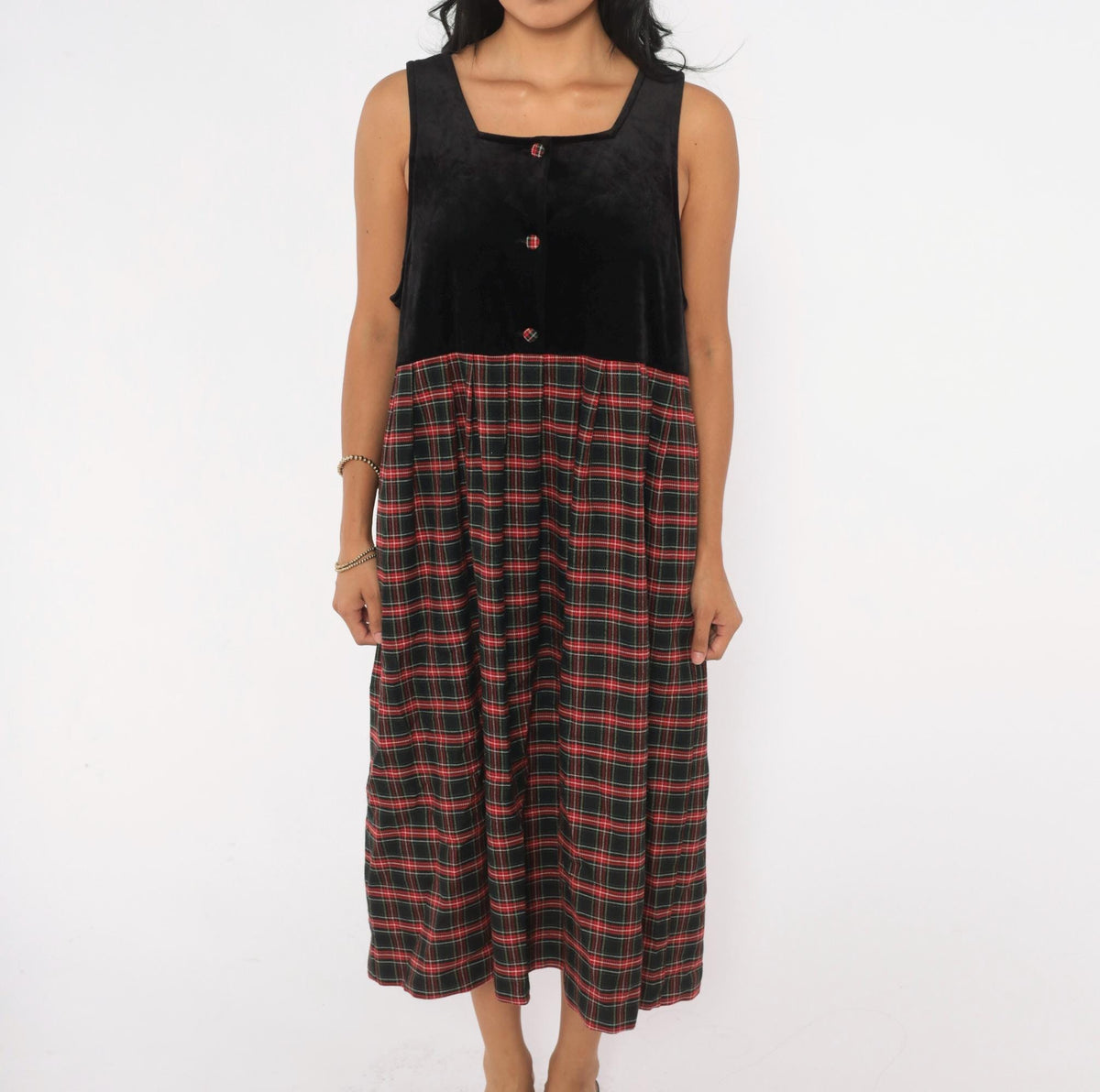 90s Pam's Closet Velvet Plaid Midi Dress Black Red Tartan Medium M