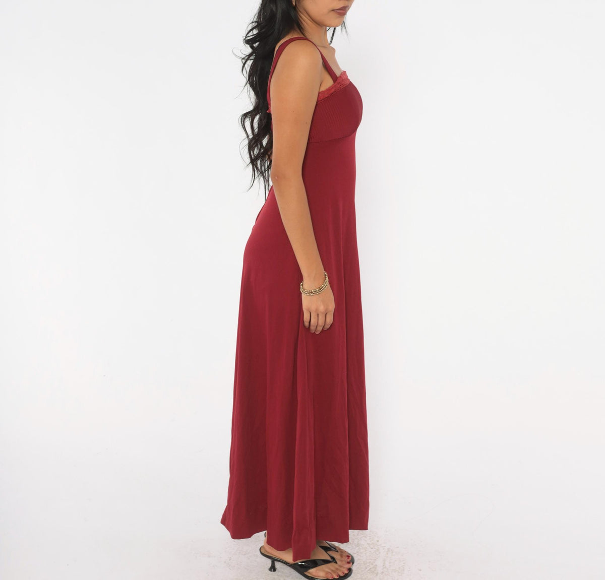 70s Burgundy Maxi Dress Empire Waist Crochet Trim Spaghetti Strap Extra Small XS