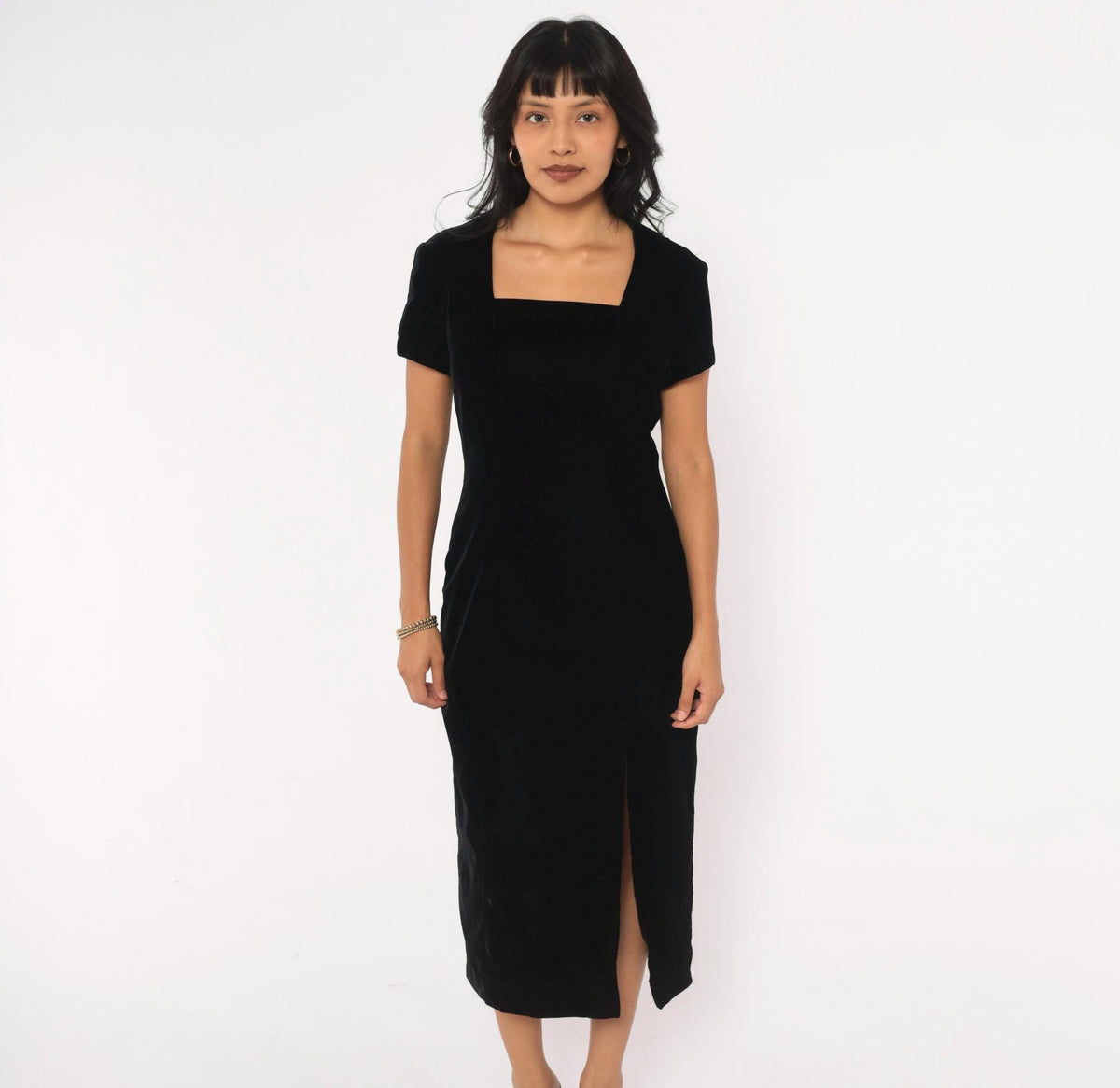 90s Sara Campbell Velvet Midi Dress Black Square Neck Short Sleeve Small S