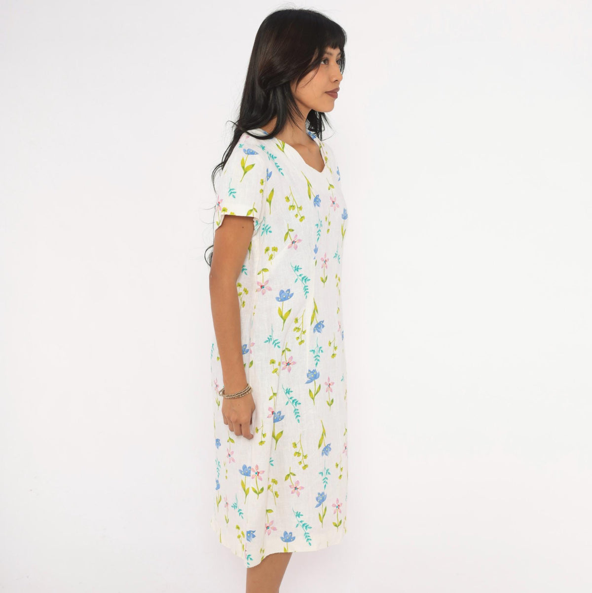 90s White Linen Floral Wildflower Dress V Neck Flutter Sleeve Knee Length Large L