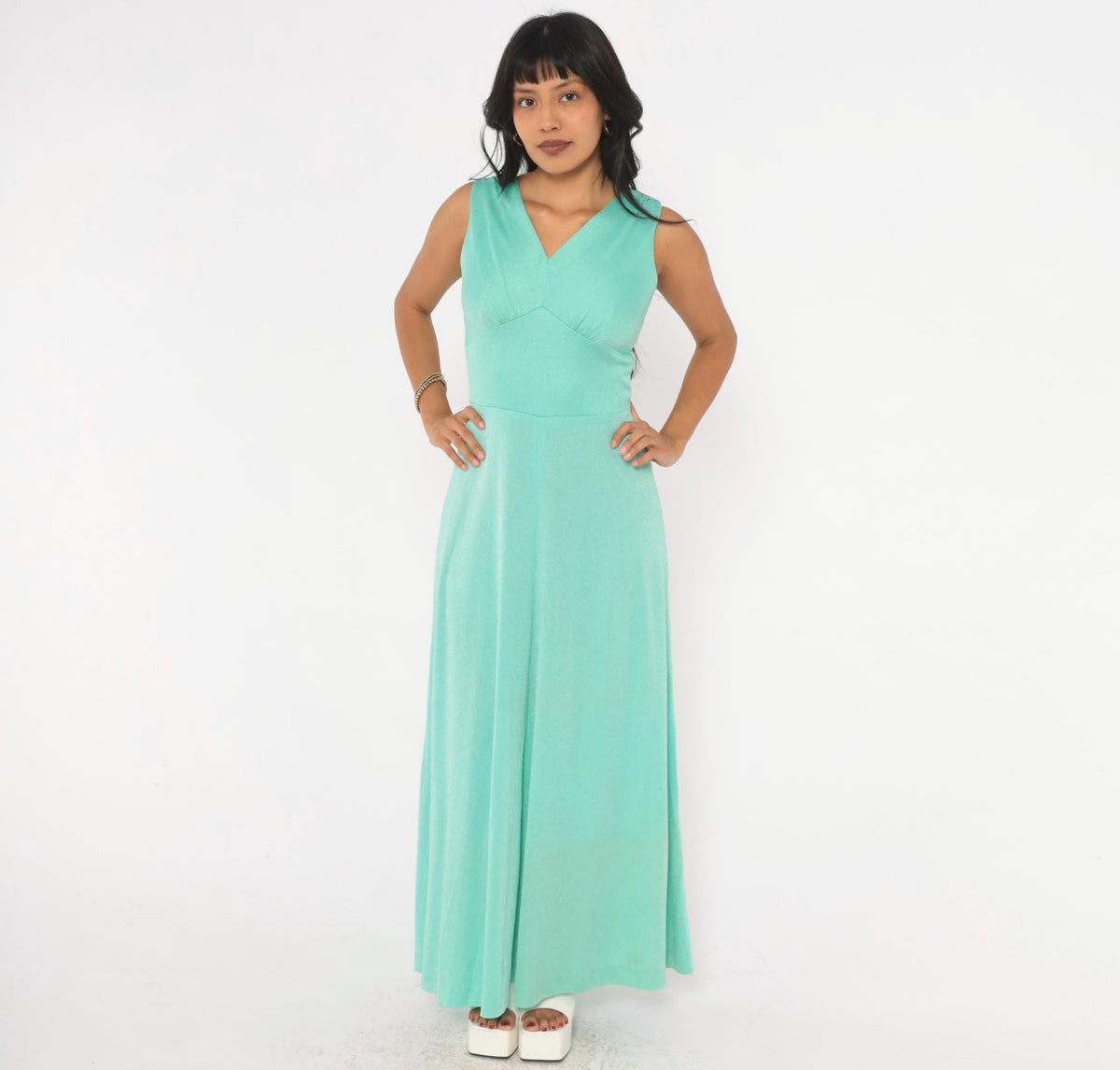 70s Mint Green Maxi Dress Sleeveless V-Neck Empire Waist A-Line Small