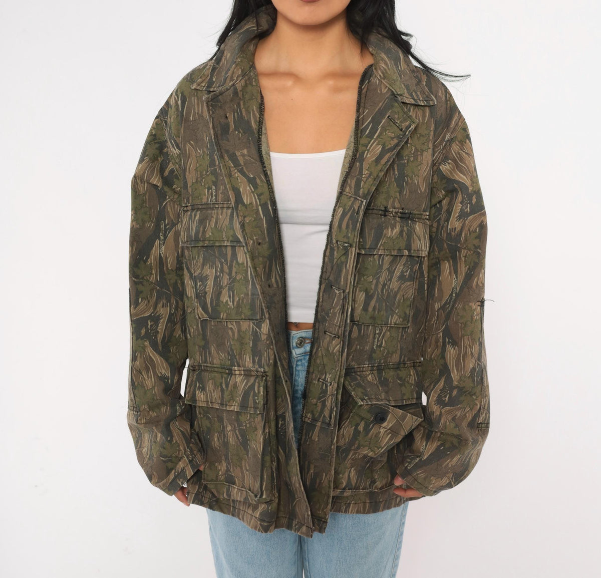 90s Camo Shirt Jacket Olive Brown Tree Leaf Print Button Front Cotton Large L