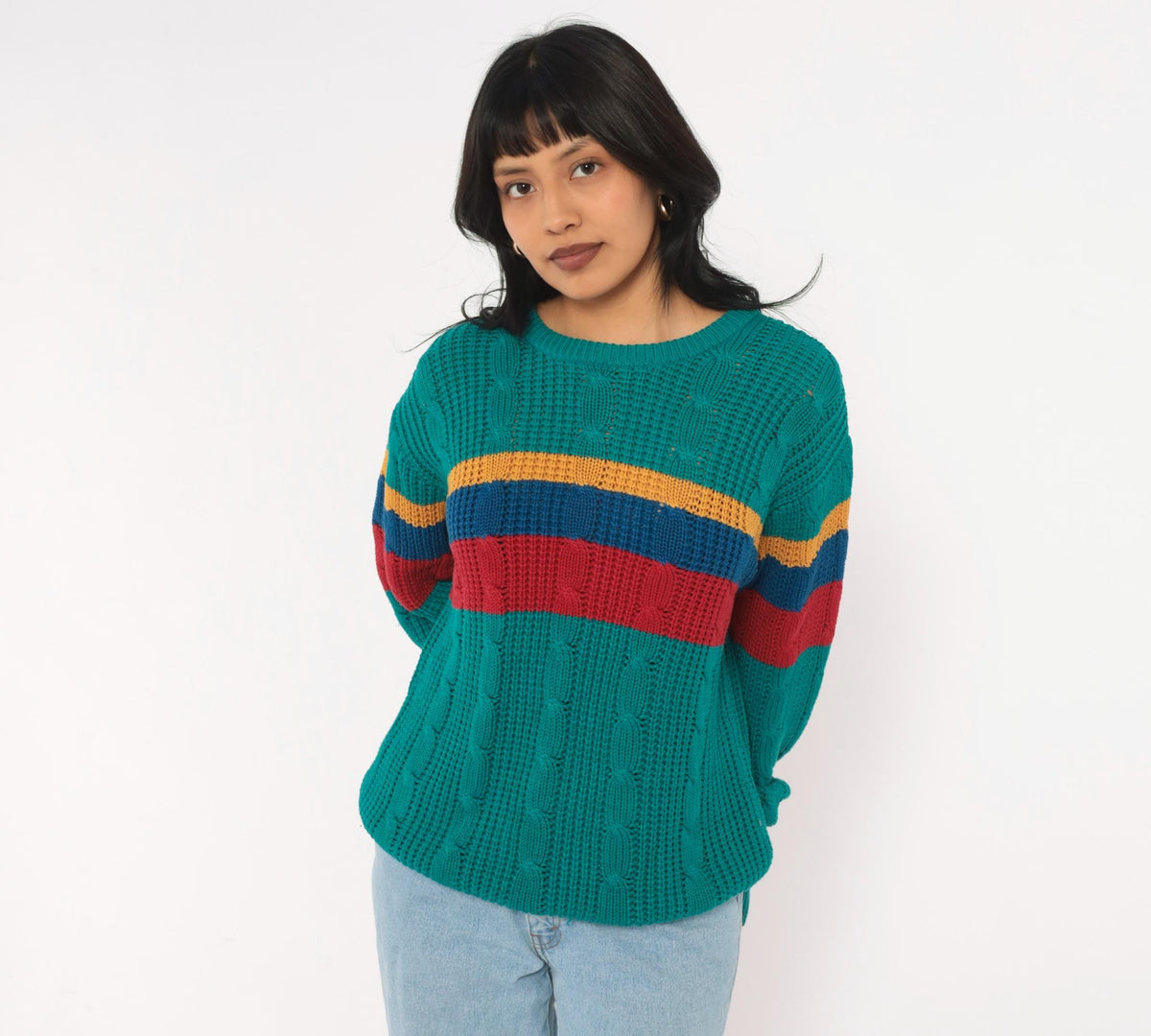 80s Teal Cable Knit Sweater Color Block Stripes Crew Neck Medium M