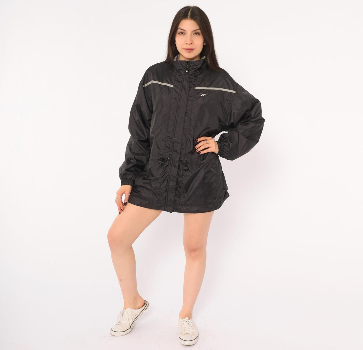 90s Reebok Windbreaker Jacket Black Grey Reflective Stripe Medium M