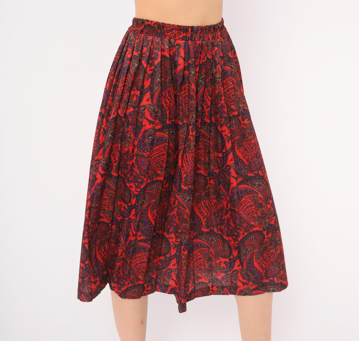 90s Paisley A-Line Skirt Red Black Purple Print Elastic Waist Large L