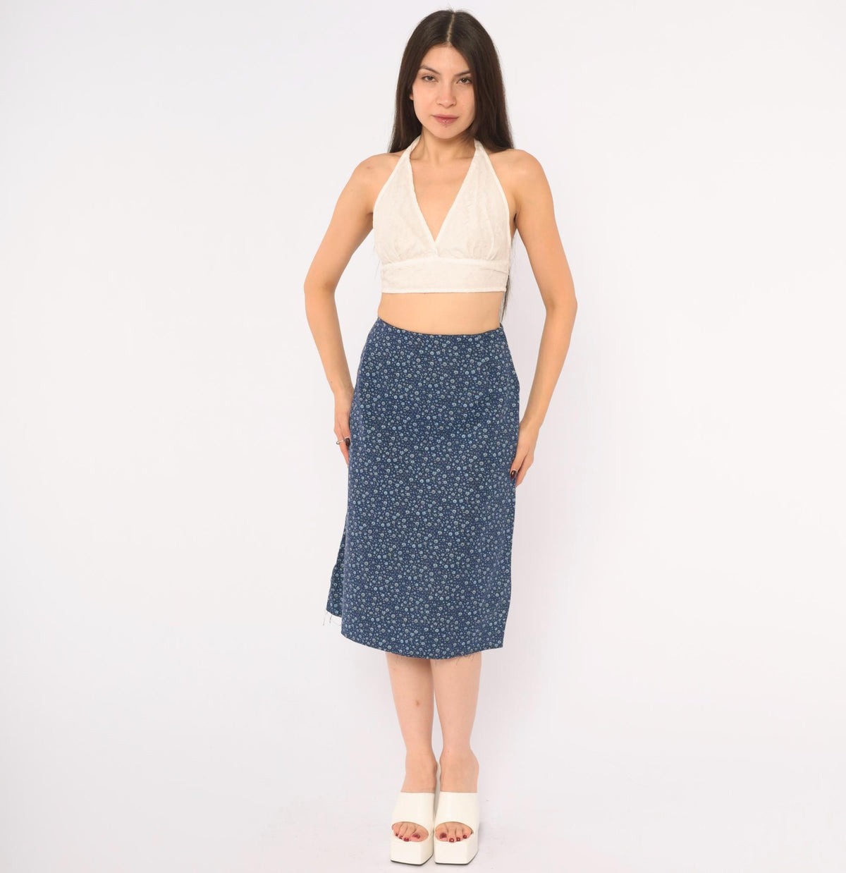 60s Navy Ditsy Floral Calico Cotton A-Line Skirt High Waist Extra Small