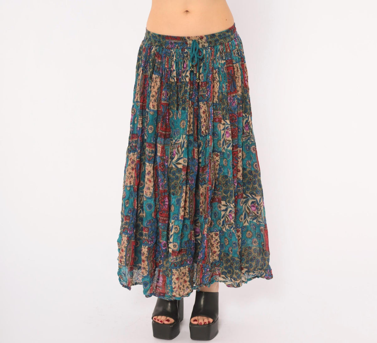 90s Alibaba Patchwork Floral Midi Skirt Drawstring Teal Blue Medium