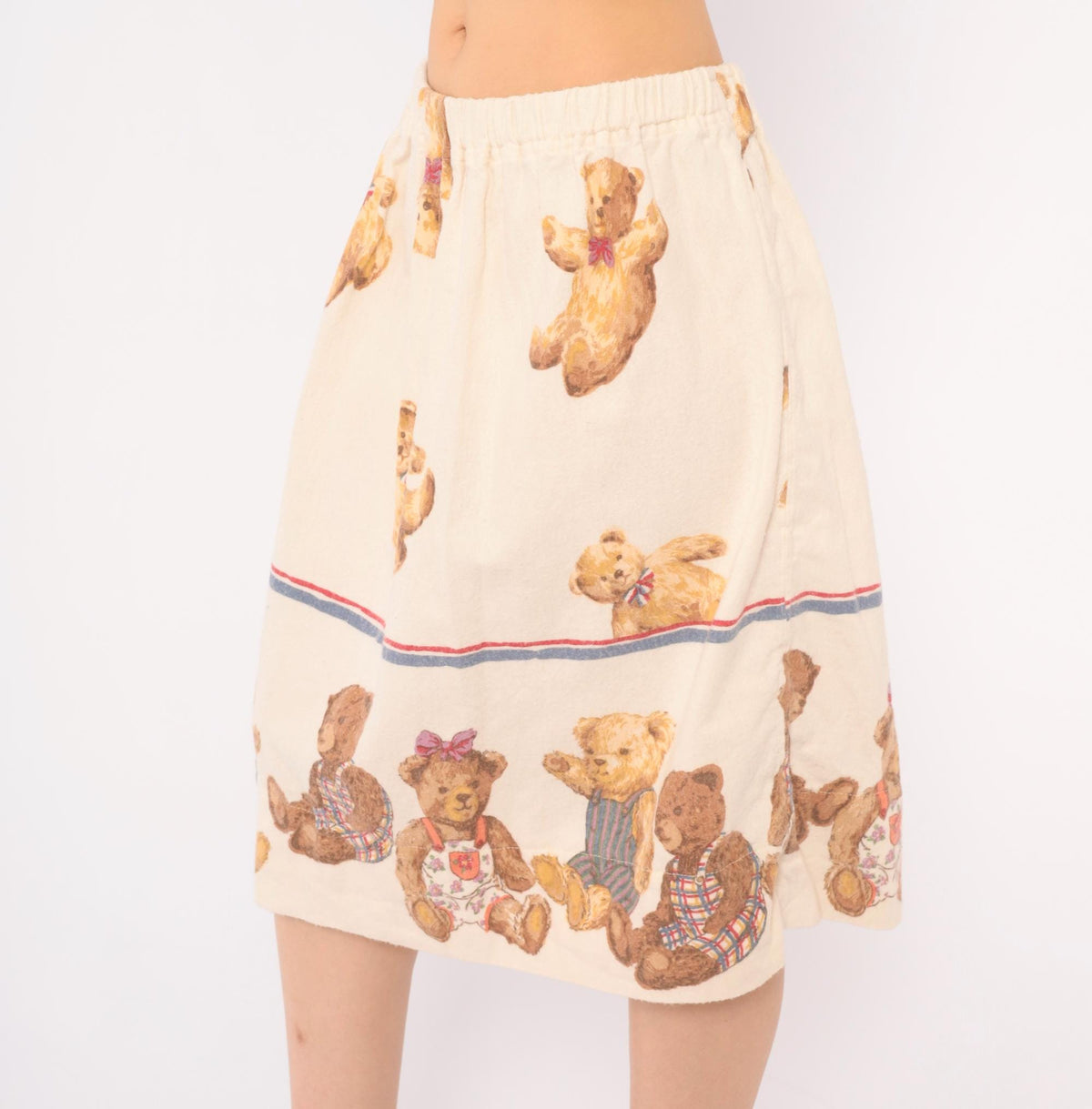 80s Teddy Bear Print Cotton Flannel Skirt Cream A-Line Medium