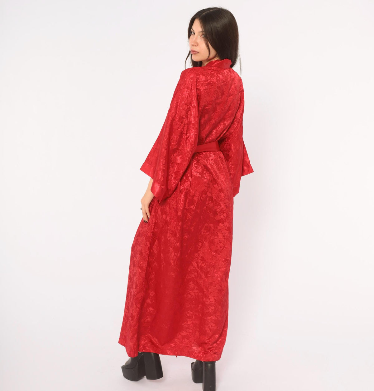 90s Contessa Di Roma Red Satin Robe Floral Jacquard Maxi Wrap Plus Size XXL