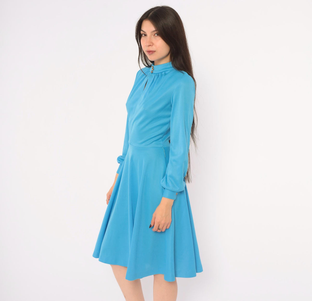 70s Sky Blue A-Line Dress Long Sleeve Keyhole Gold Buttons Small S
