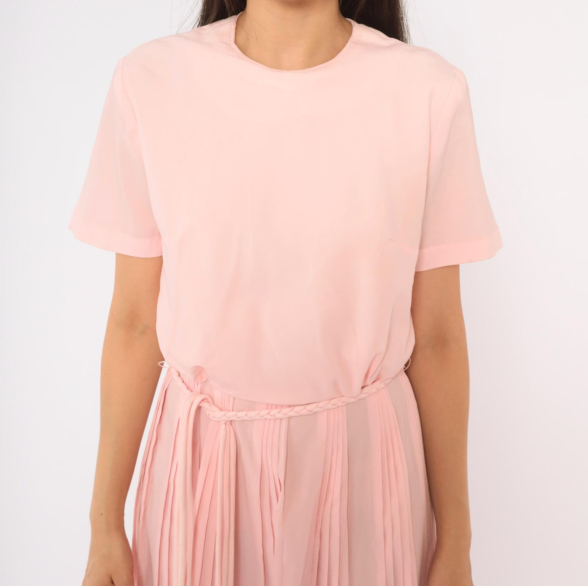 60s Blush Pink Pleated Day Dress Blouson Dropped Waist Crew Neck Small S