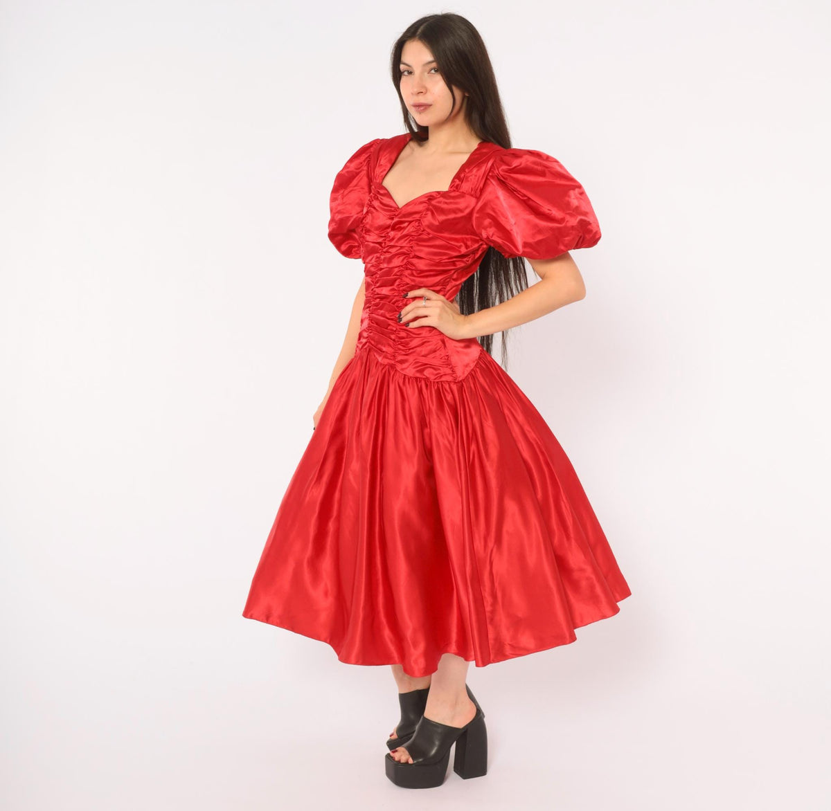 80s Red Prom Dress Sweetheart Neckline Puff Sleeve Open Back Midi Medium