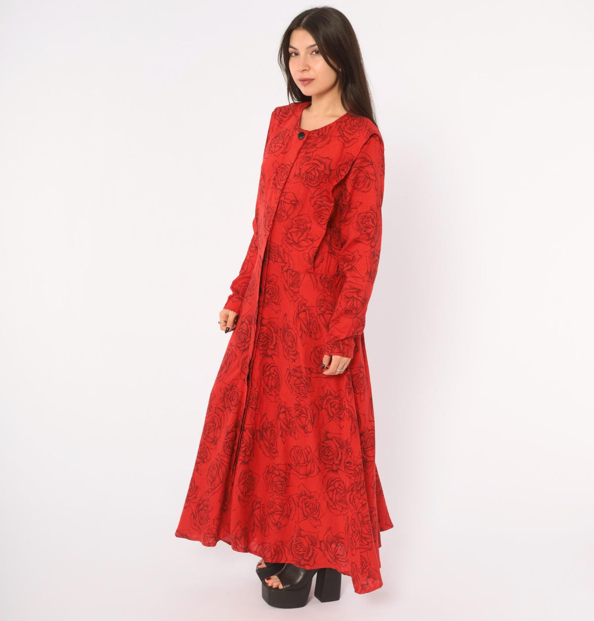 80s Red Rose Print Linen Dress Black Floral Ankle Length Button Front Medium