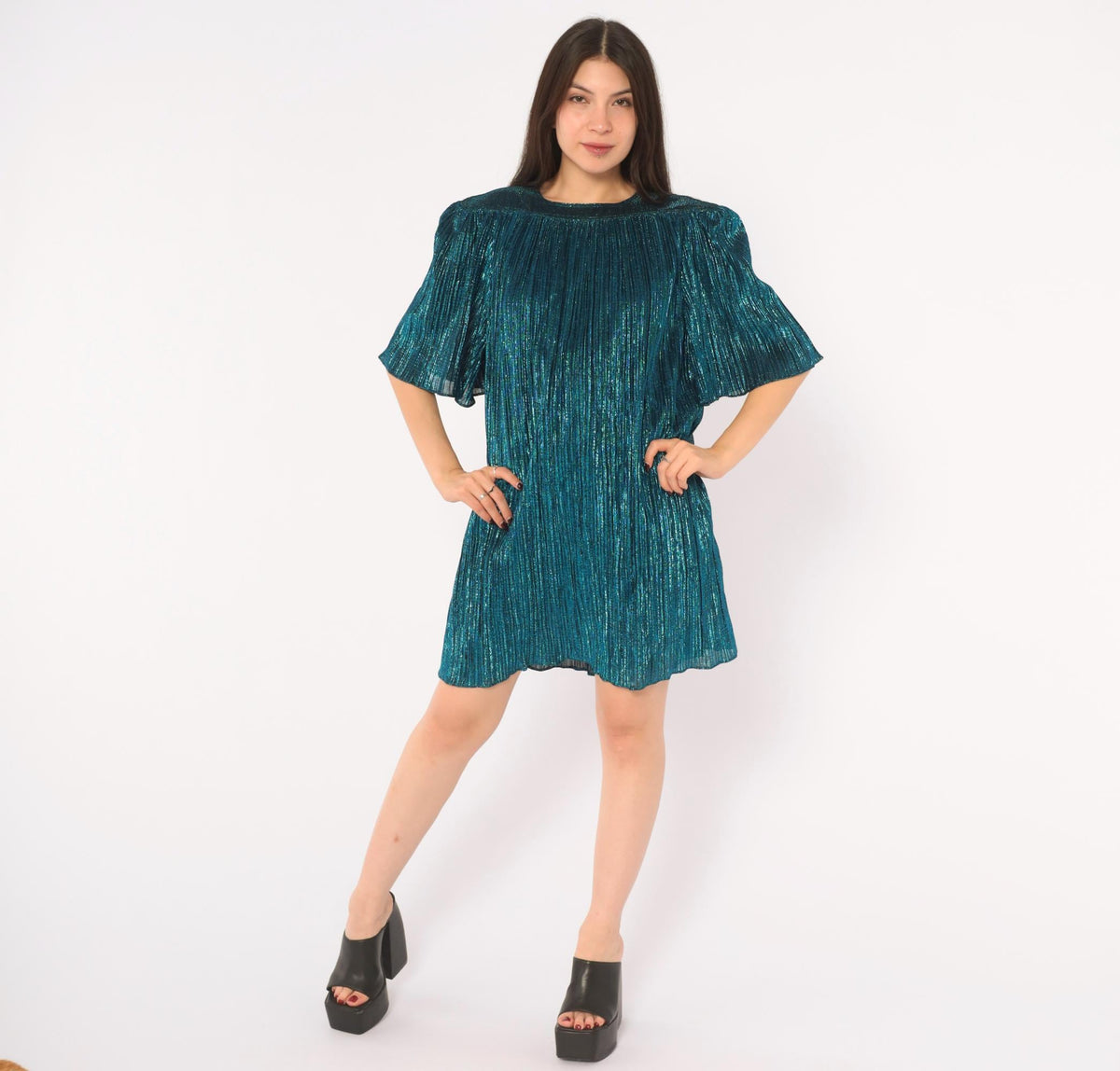 80s Risa Ann Teal Metallic Party Dress Plisse Pleated Flutter Sleeve Large