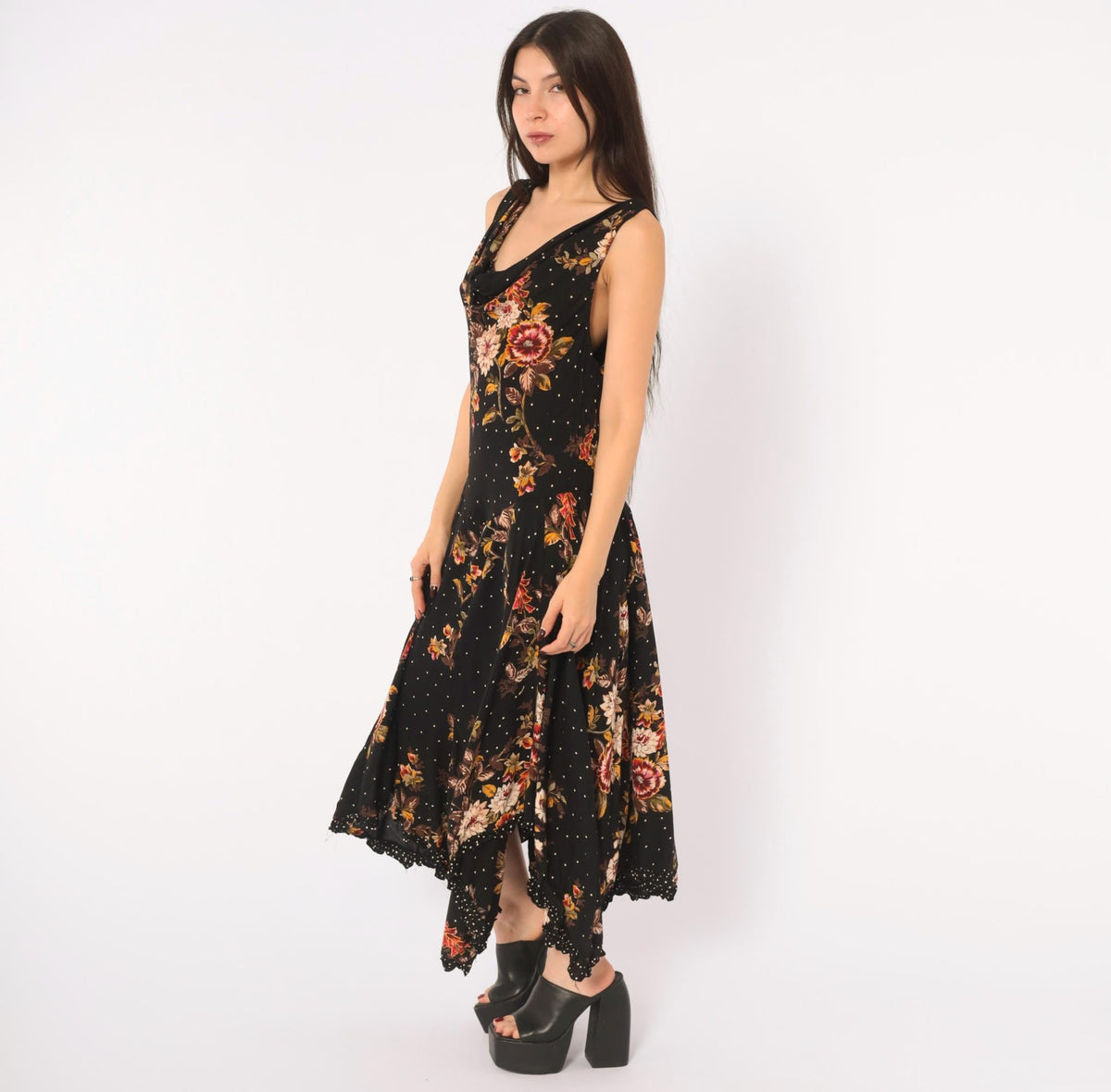 90s Black Floral Midi Dress Cowl Neck Handkerchief Hem Medium M