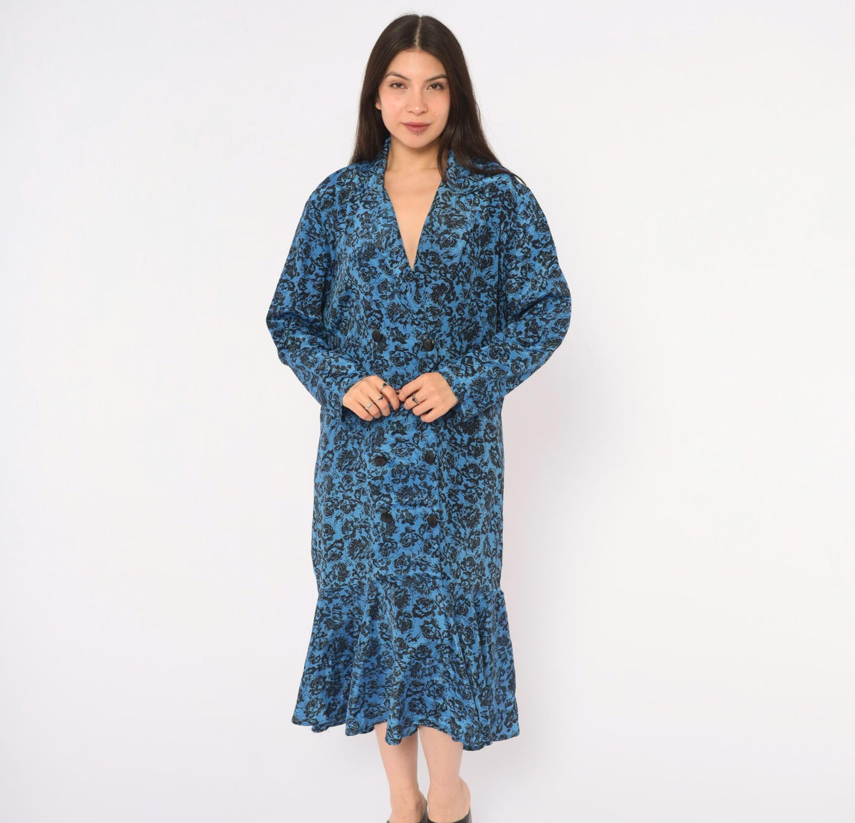 80s Très Paquette Blue Floral Midi Dress Double Breasted V Neck Extra Large