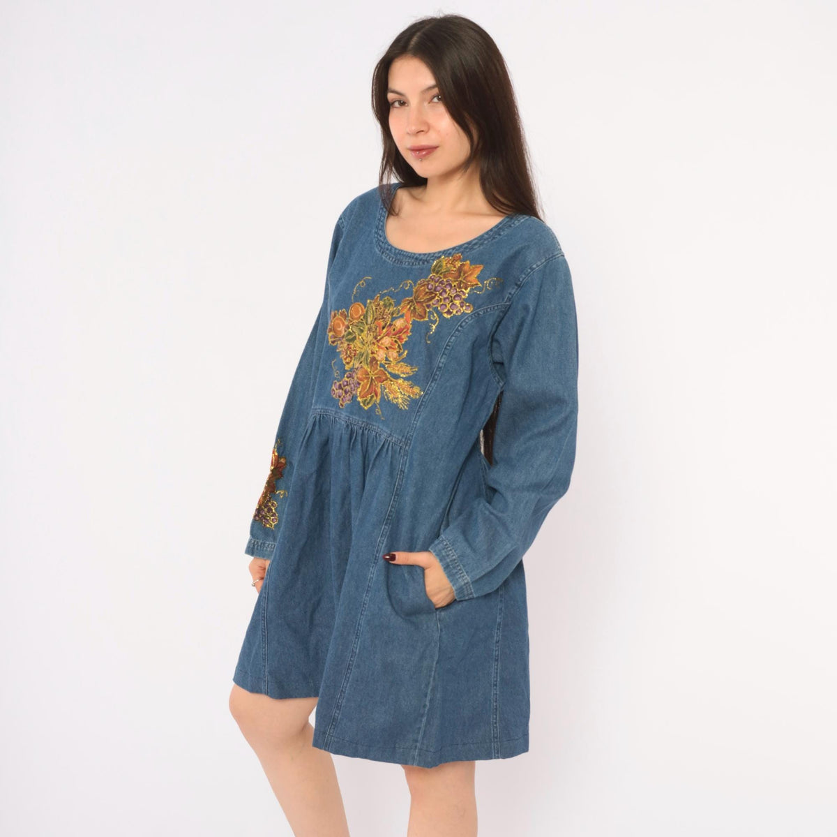 80s Sun Belt Denim Dress Hand Painted Grapes Gold Glitter Blue Cotton Large