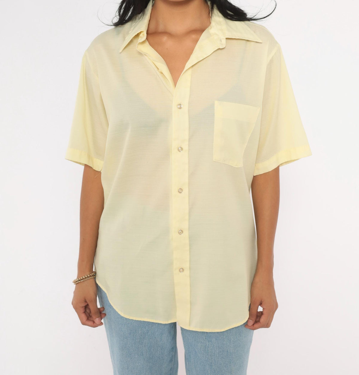 70s Dress-ups Yellow Button Up Shirt Semi Sheer Short Sleeve Pointed Collar Medium