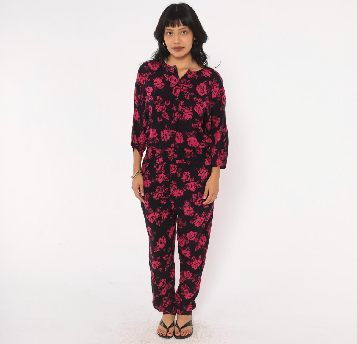 90s Joni Blair Floral Jumpsuit Black Pink Rose Button Front Dolman Medium
