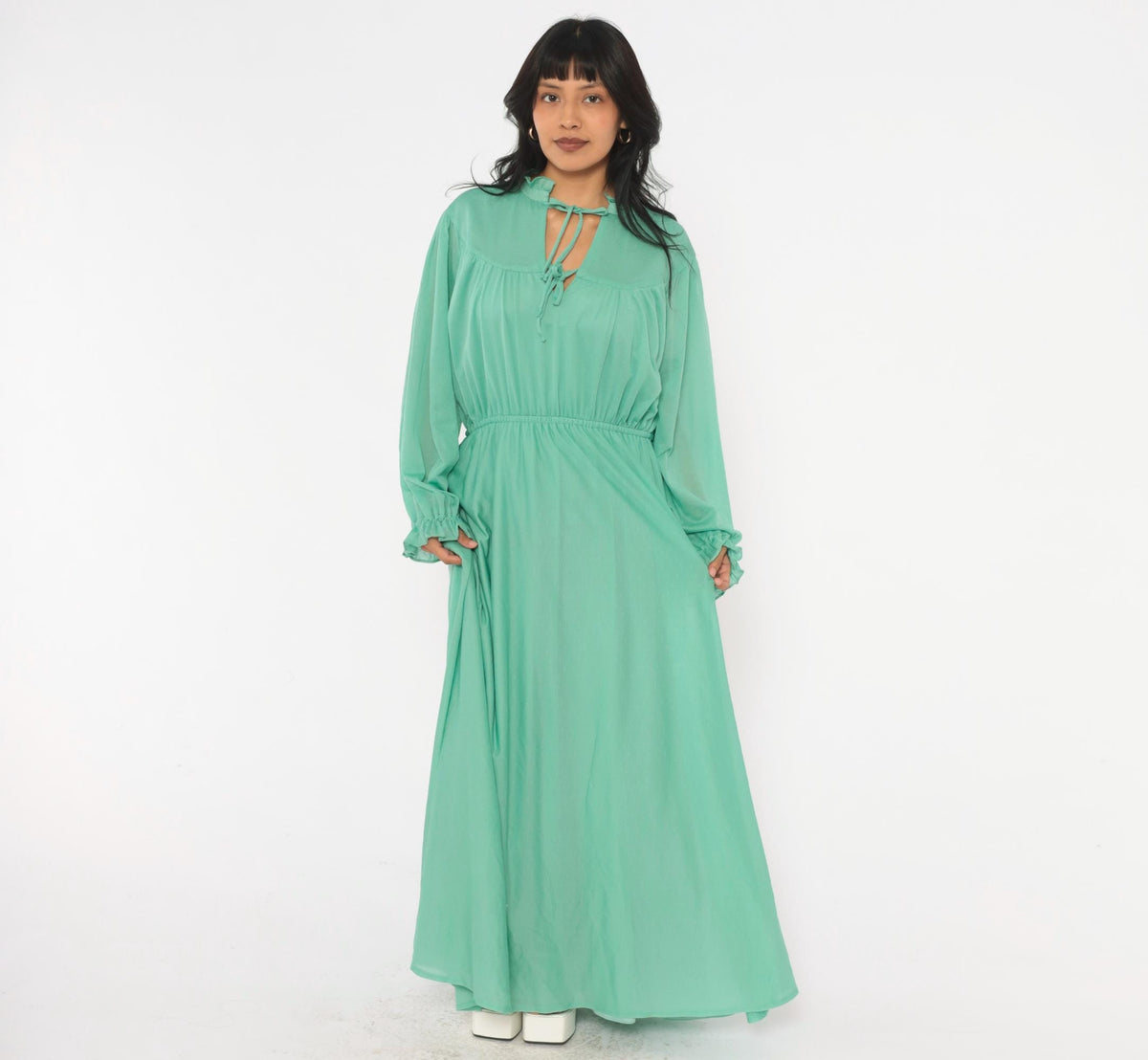 70s Sea Green Maxi Dress Balloon Sleeve Keyhole A-Line Extra Large
