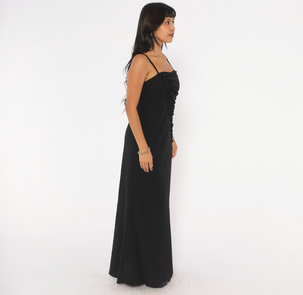 90s Scarlett Black Maxi Dress Beaded Trim Ruched Square Neck Medium M