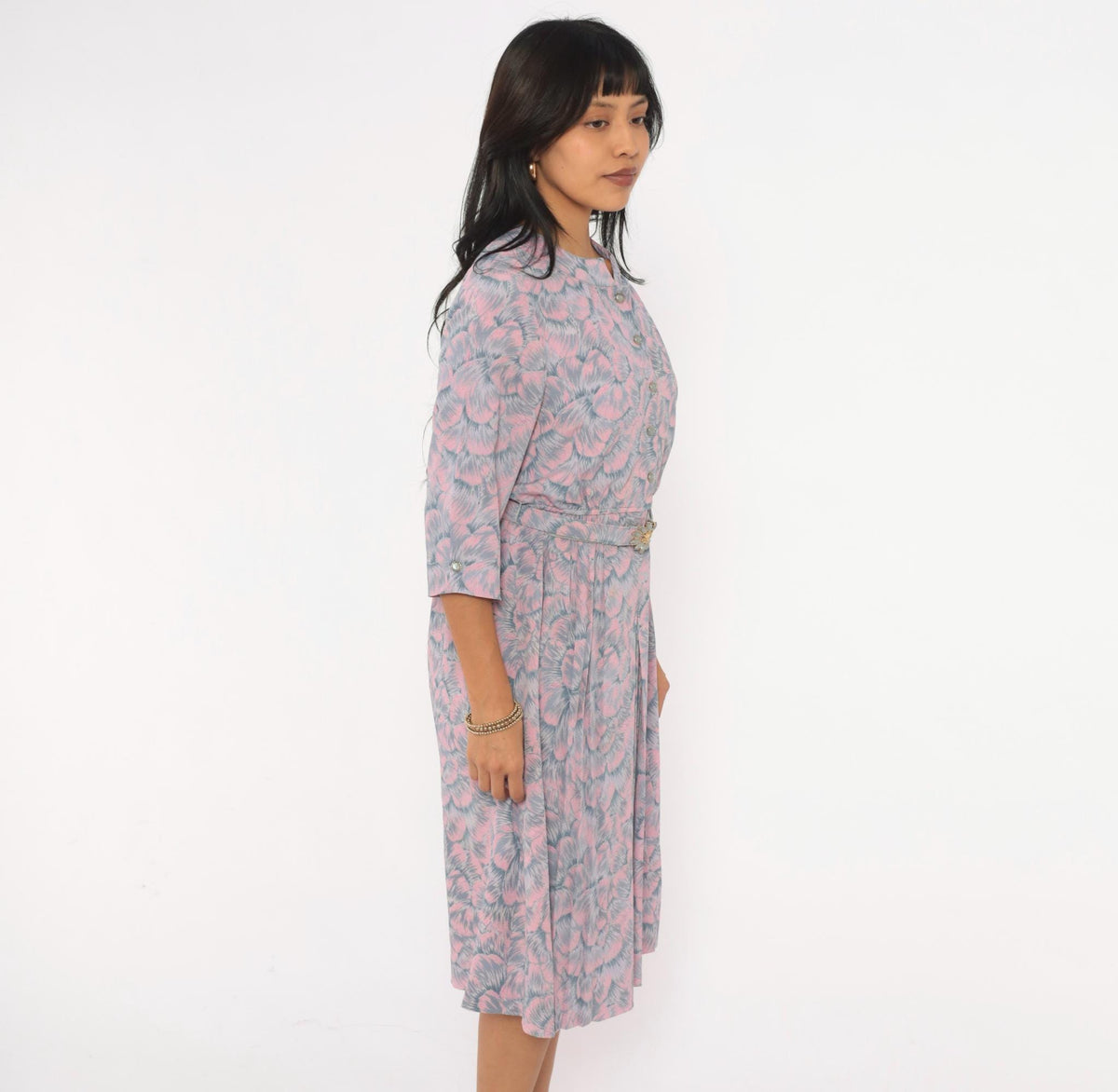 80s Silver Fashion Pink Grey Floral Blouson Dress Button Front Pleated Small S