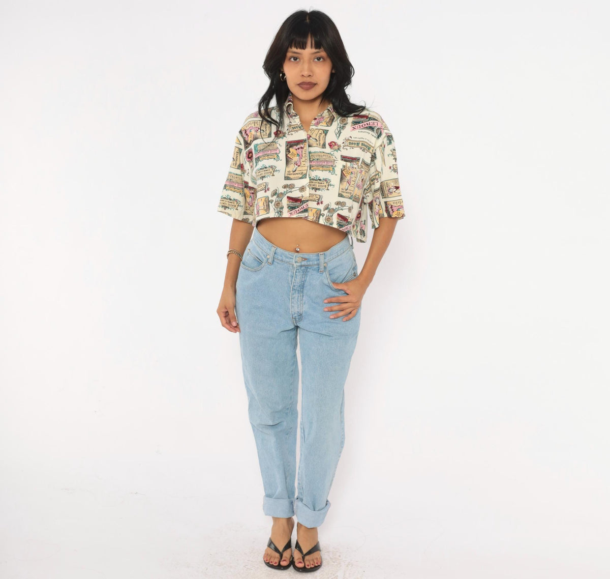 90s Jaspe Crop Top Beige Floral Poster Print Button Front Blouse Medium