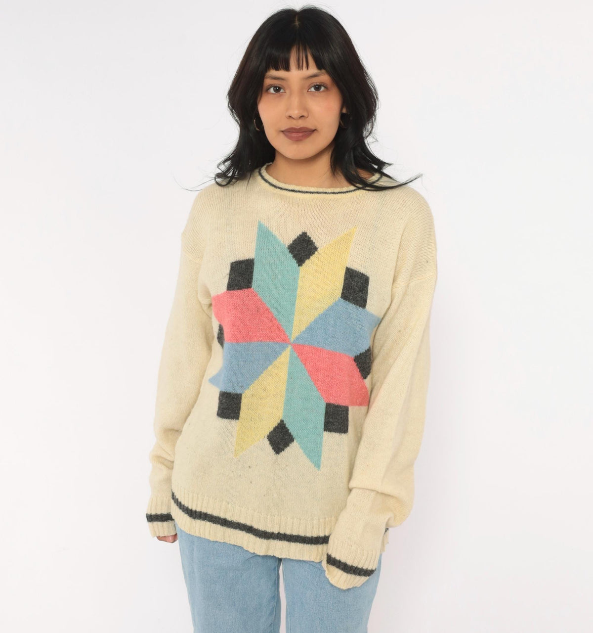 80s Cream Wool Sweater Geometric Star Pattern Knit Pink Blue Yellow Large L