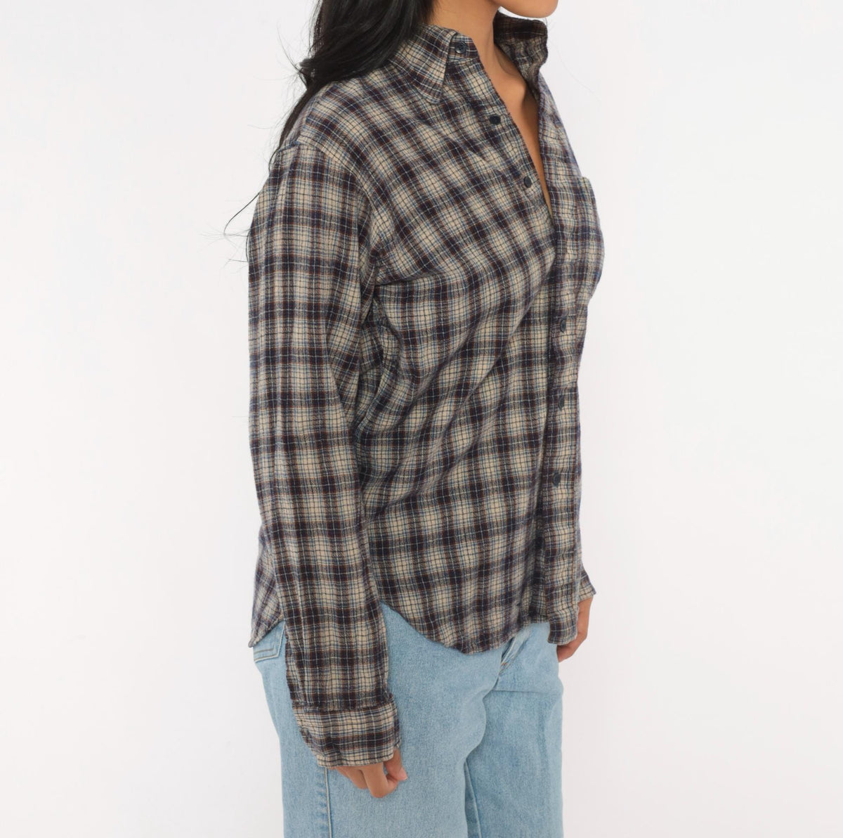 60s Sir Pendleton Wool Plaid Shirt Navy Brown Check Button Front Small