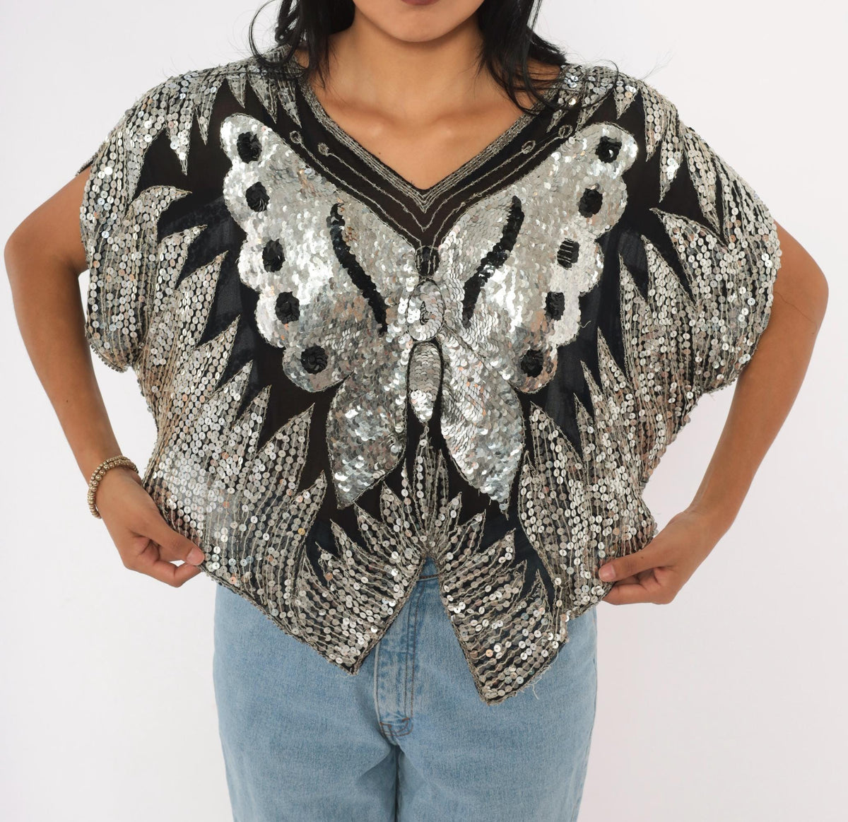 80s Silver Sequin Butterfly Silk Blouse Batwing Sleeve V Neck Medium