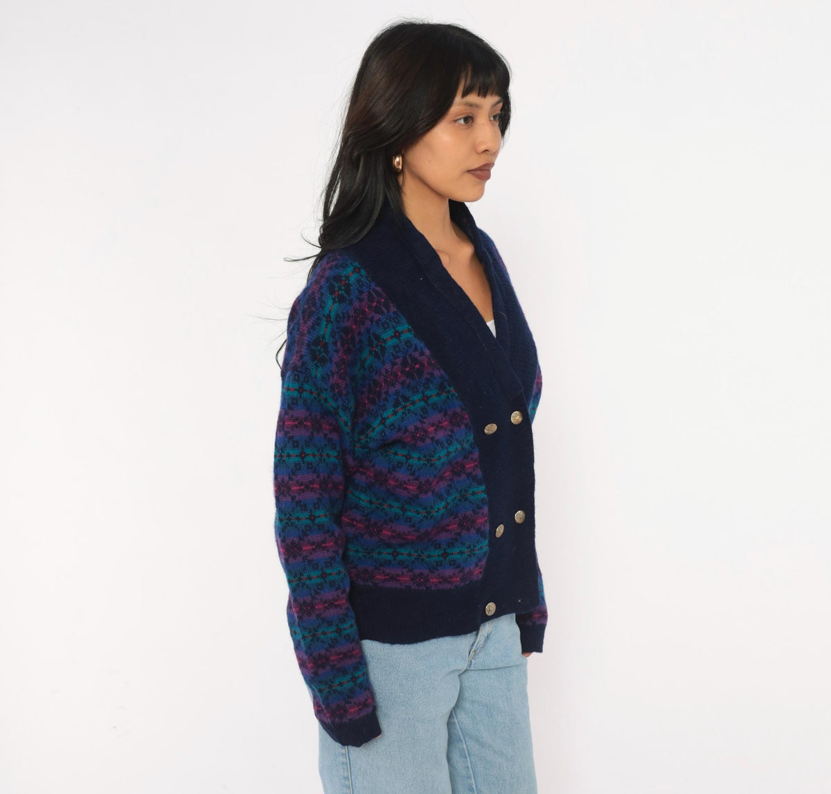 80s Fair Isle Cardigan Navy Wool Blend Shawl Collar Double Breasted Medium M