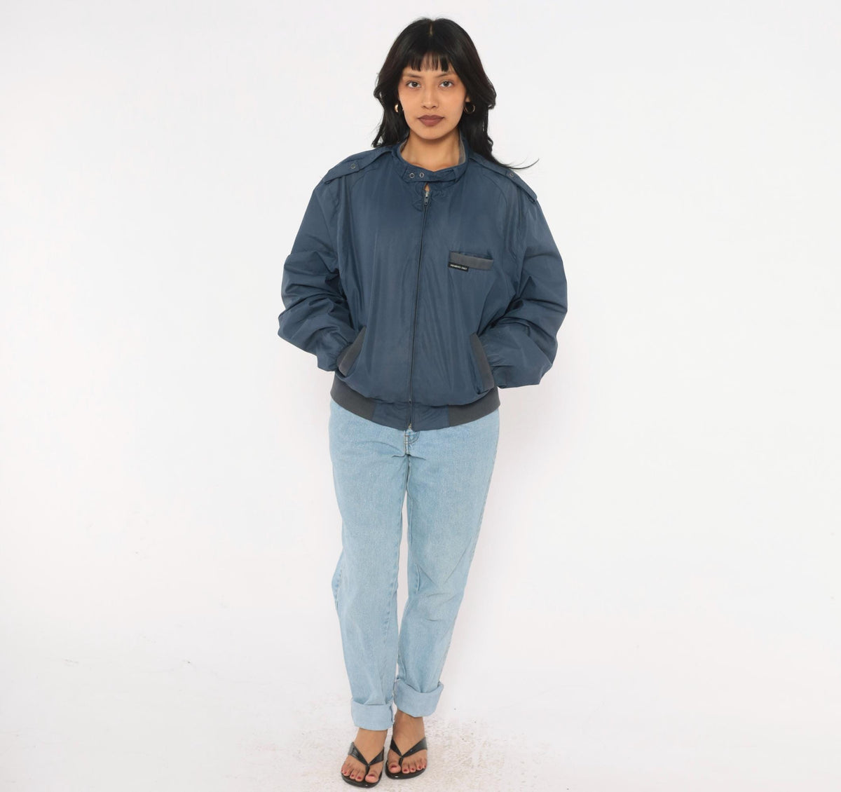 80s Members Only Bomber Jacket Navy Blue Snap Collar Grey Ribbed Trim Medium