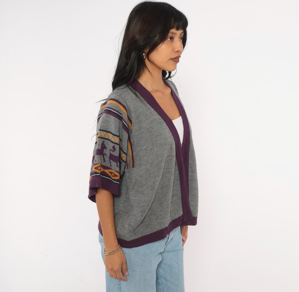 70s Southwestern Cardigan Gray Llama Alpaca Knit Kimono Sleeve Small Medium