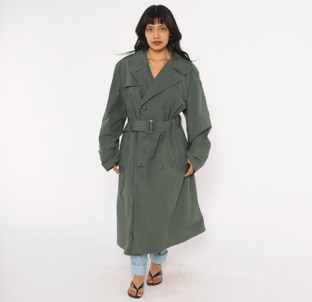 90s Military Trench Coat Grey Olive Double Breasted Long Jacket Medium