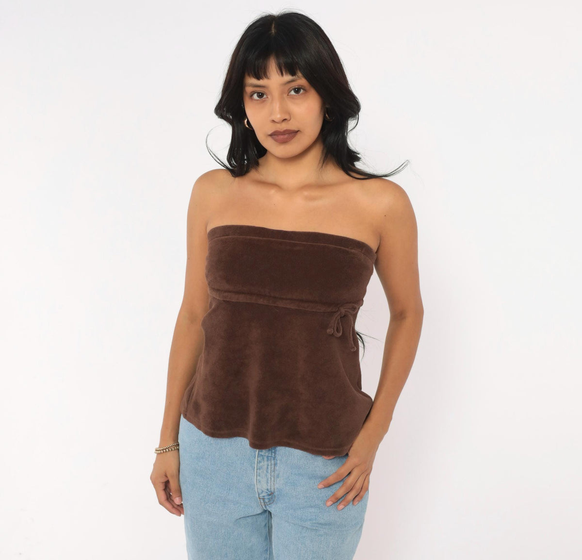 Y2K Brown Terry Tube Top Strapless Drawstring Tie Waist Small
