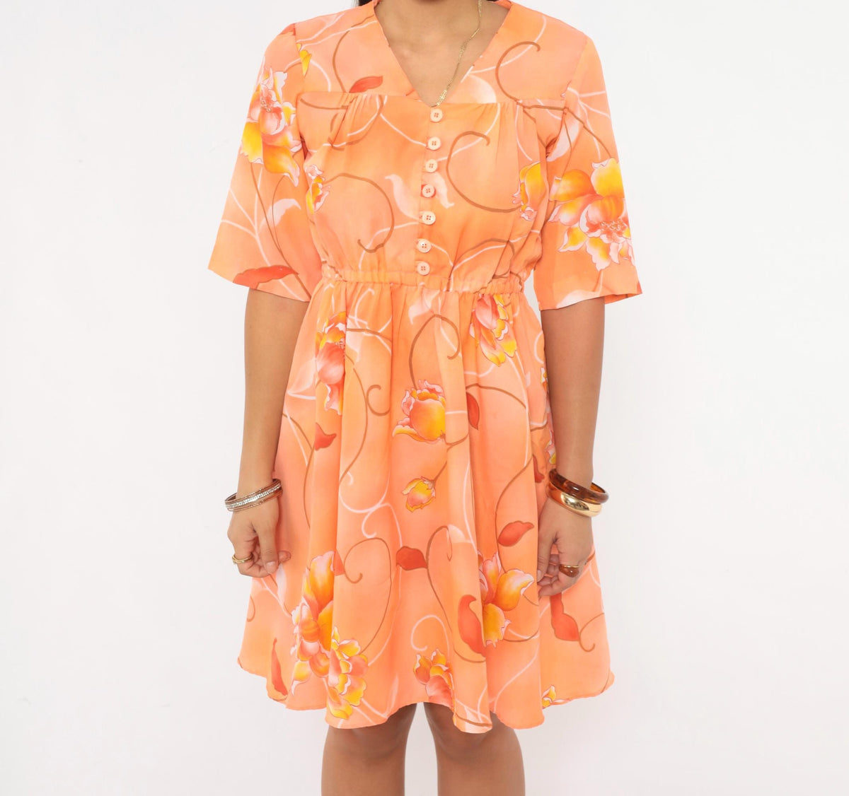 90s Orange Floral Knee-Length Dress V-Neck Button Front A-Line Medium M