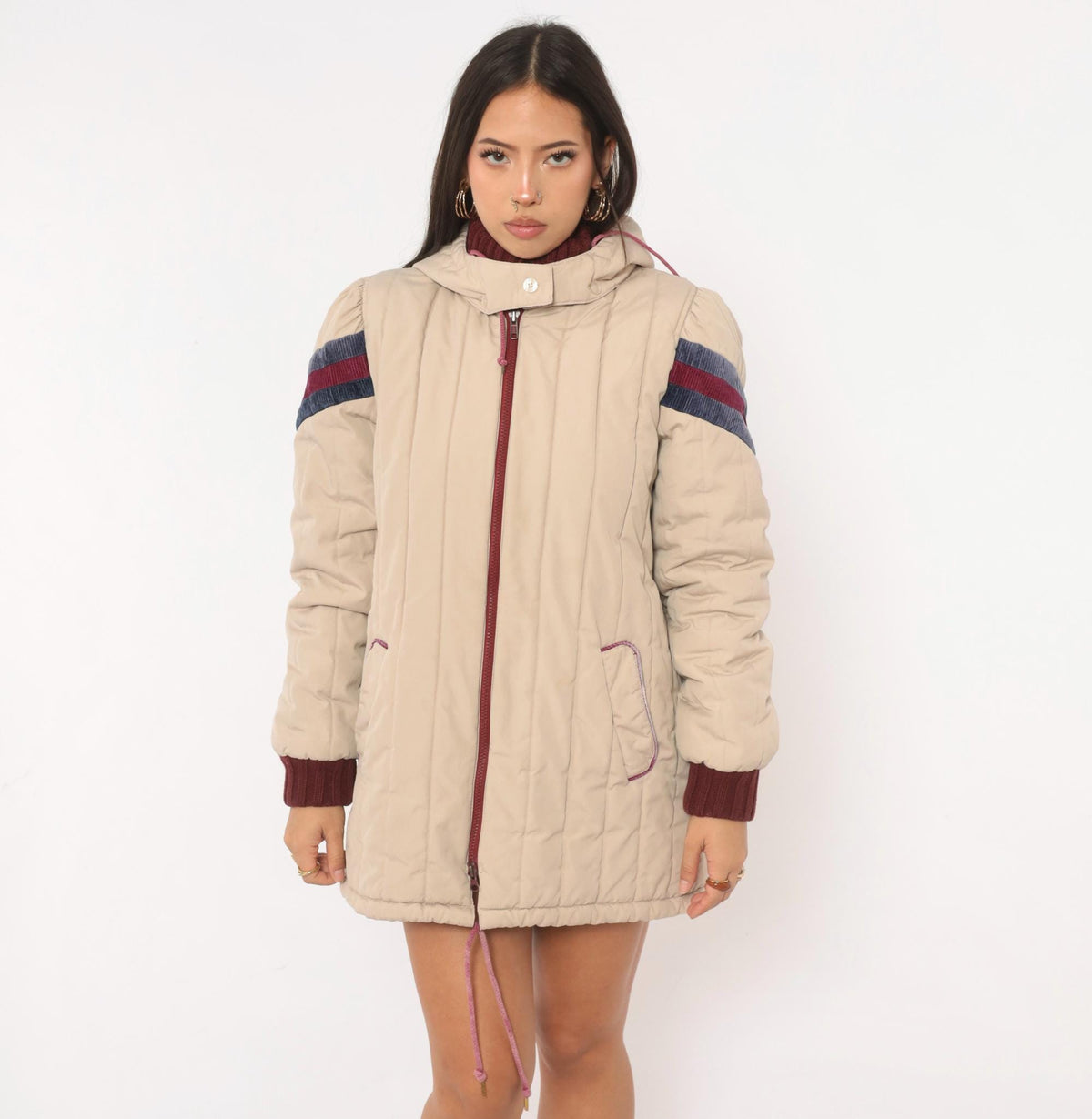 80s JC Penney Cream Puffer Coat Hooded Quilted Ski Jacket Small