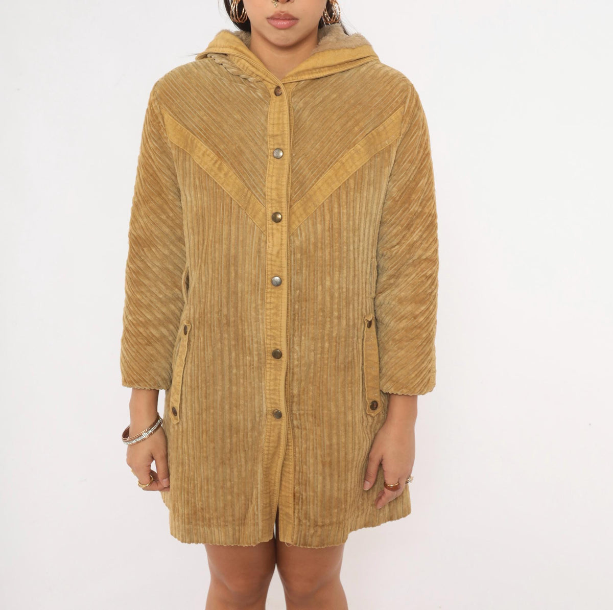 70s Rovercoat Arthur Jay Corduroy Hooded Coat Beige Wide Wale Faux Fur Lined Small S
