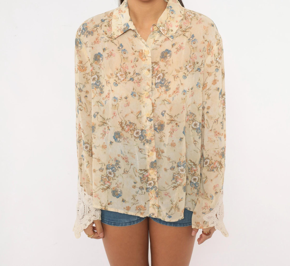 90s Clio Floral Blouse Beige Rayon Semi-Sheer Lace Cuff Medium M