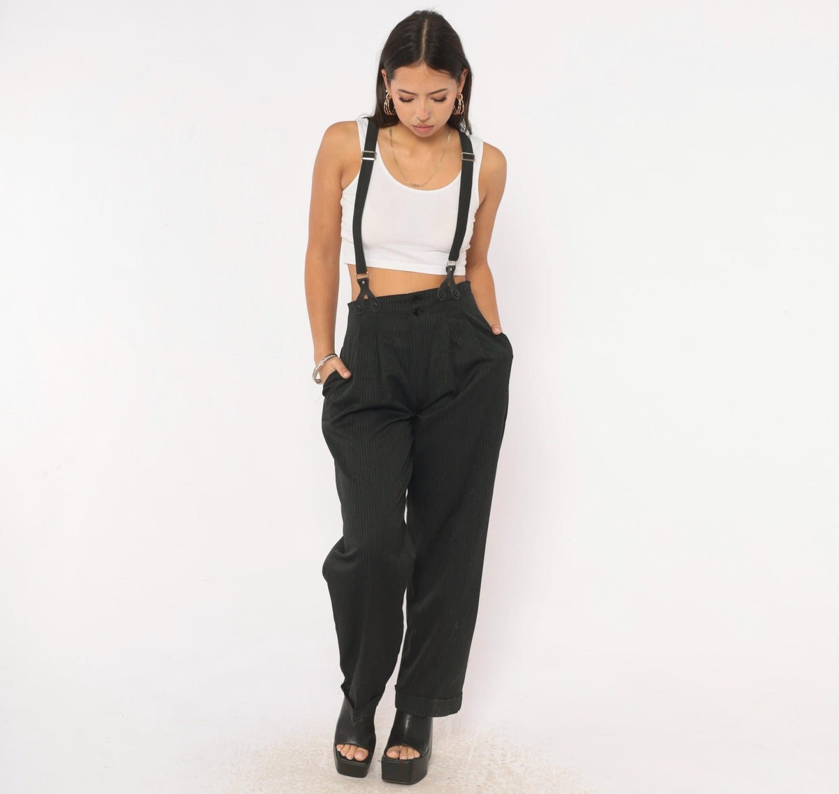 80s 7th Alternative Pinstripe Trousers Black High Waist Pleated Tapered Small S