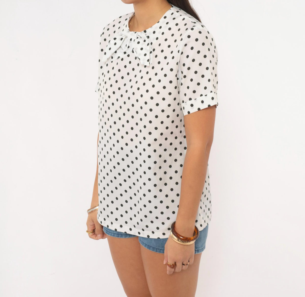 70s Sears Polka Dot Blouse White Black Bow Tie Collar Keyhole Back Medium