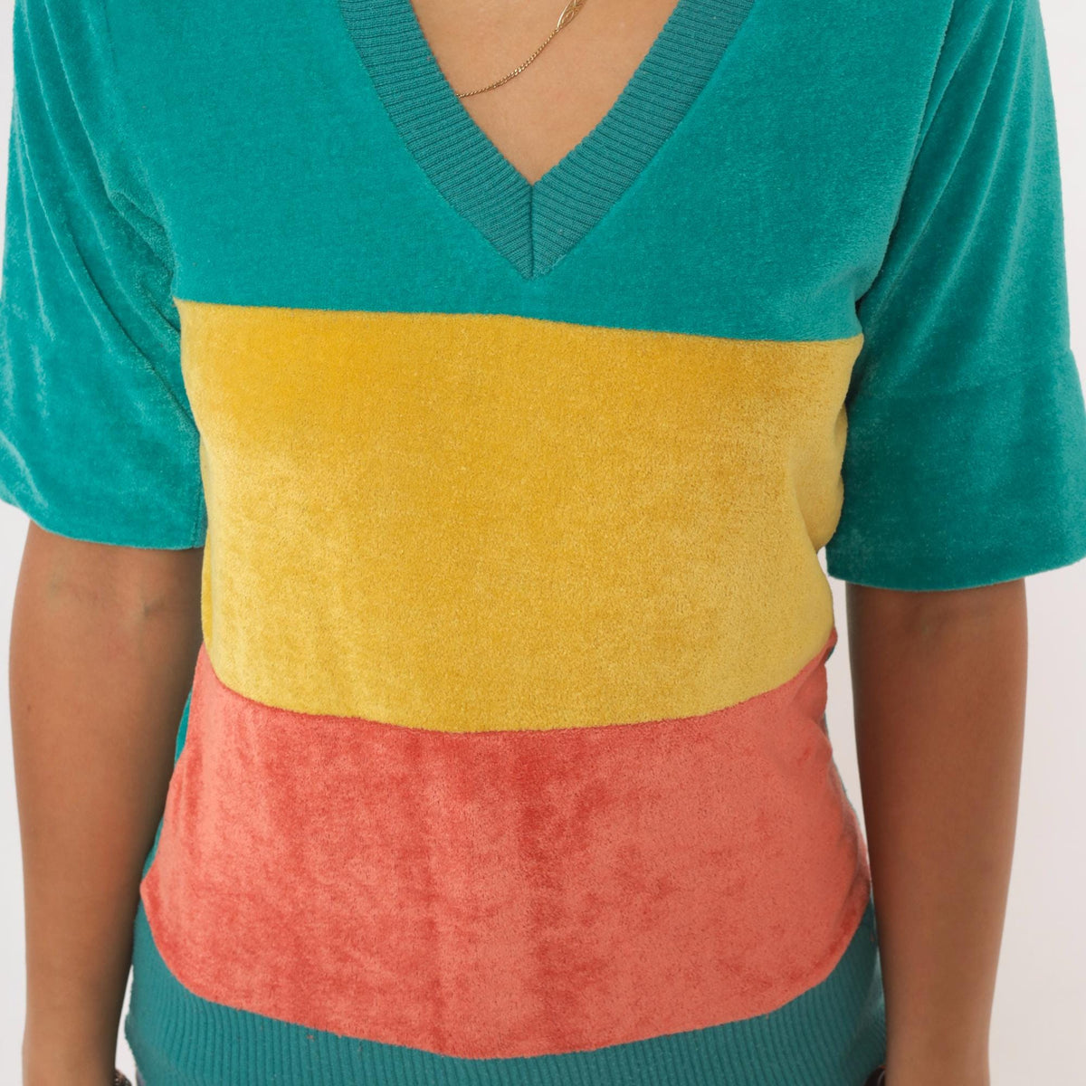 80s Velour Color Block V-Neck Pullover Teal Yellow Coral Medium