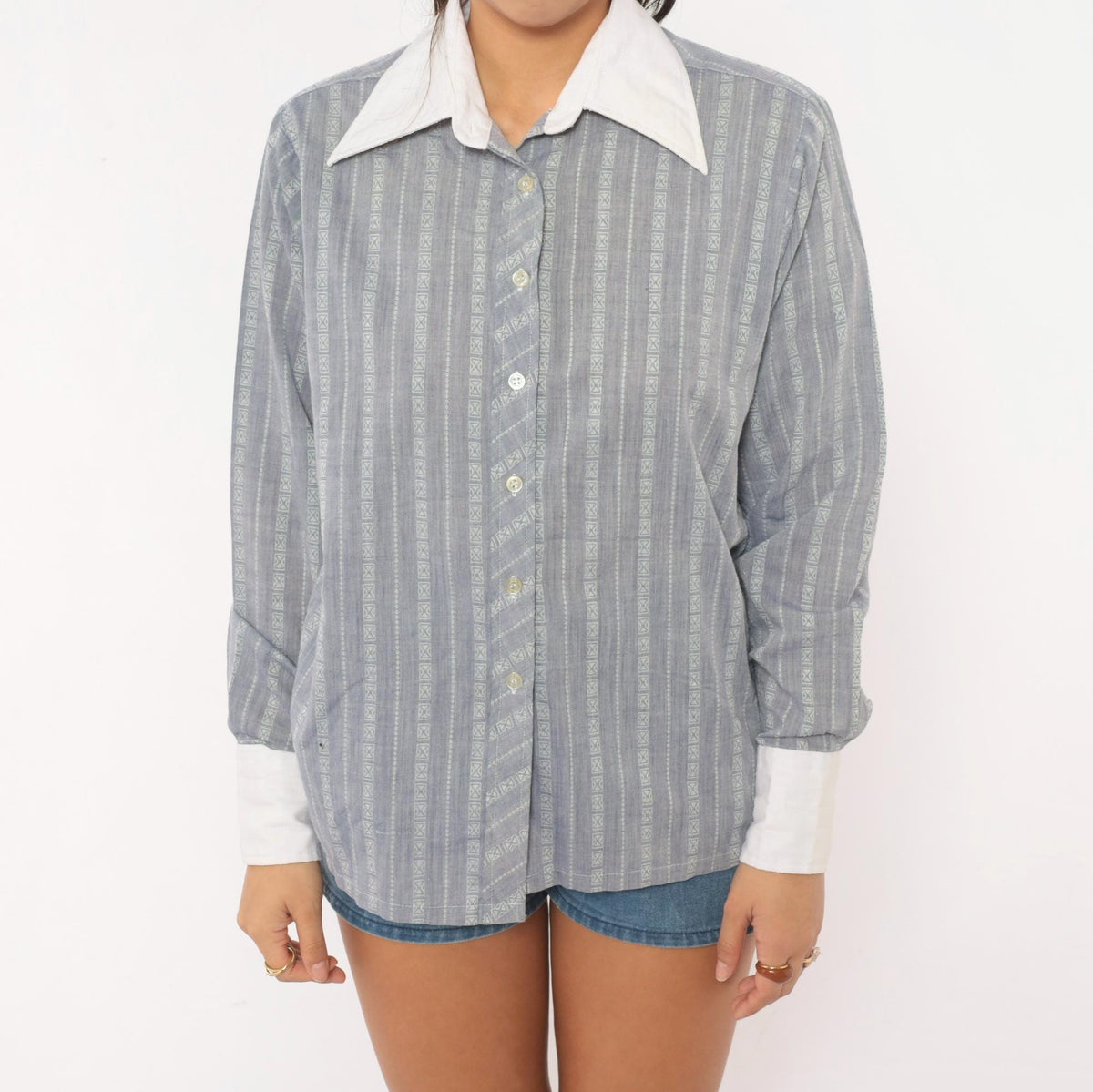 70s Balore Grey Striped Button Up Shirt Contrast Collar Medium