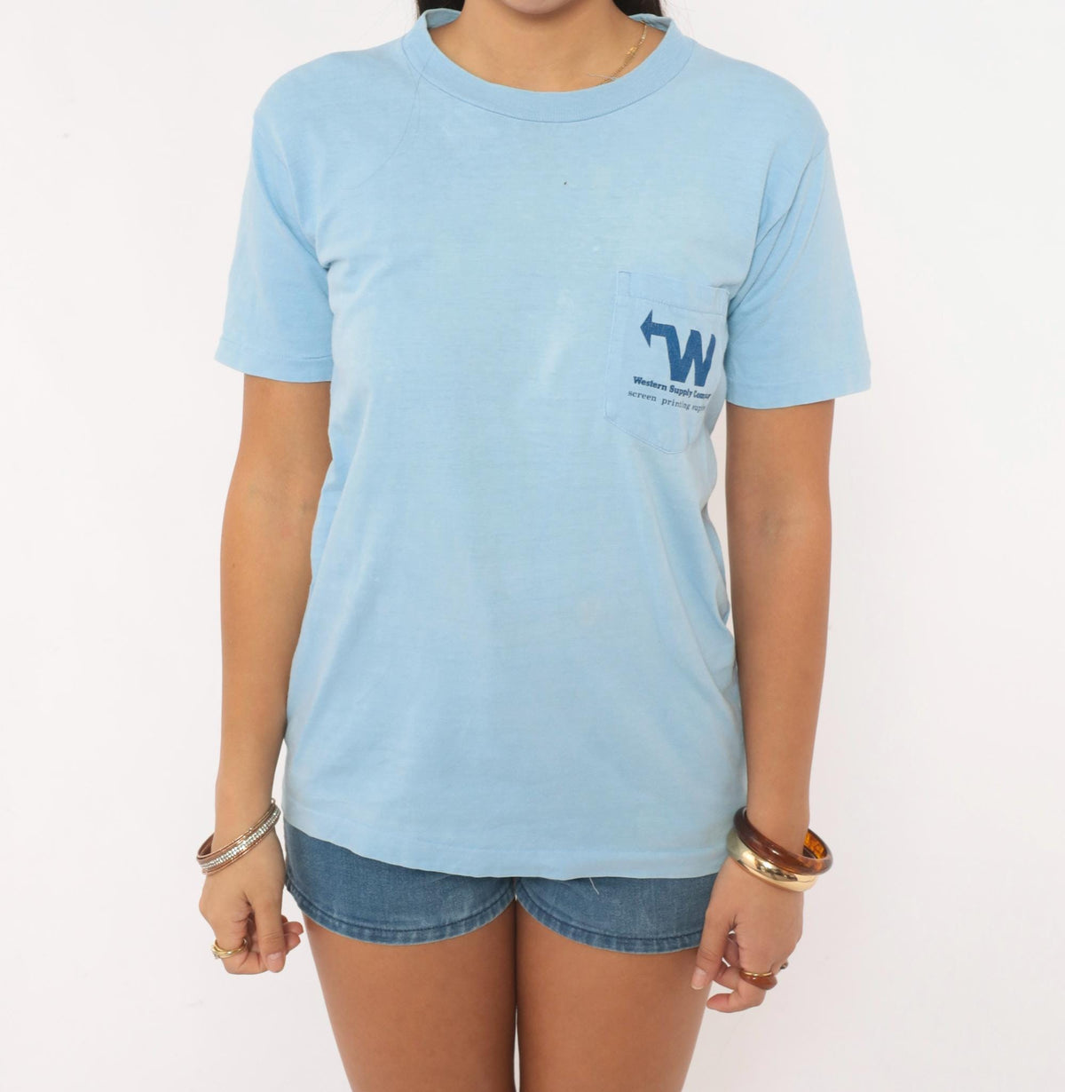 90s Western Supply Company Cowboy Bronco Pocket Tee Light Blue Small S