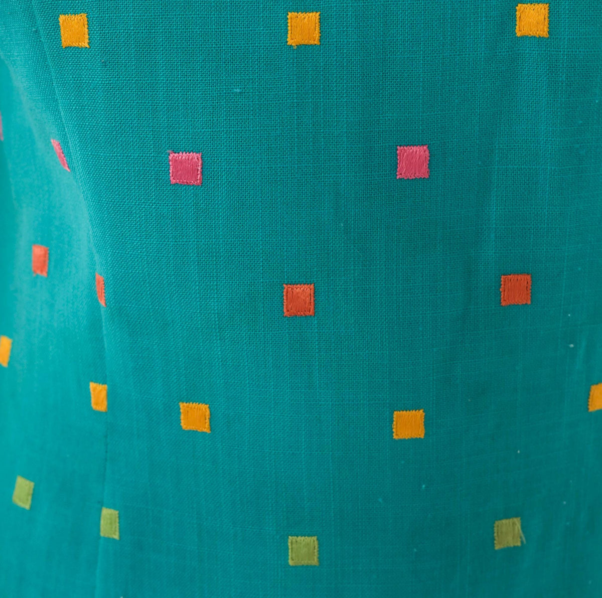 90s First Focus Teal Shift Dress Embroidered Geometric Scoop Neck Small