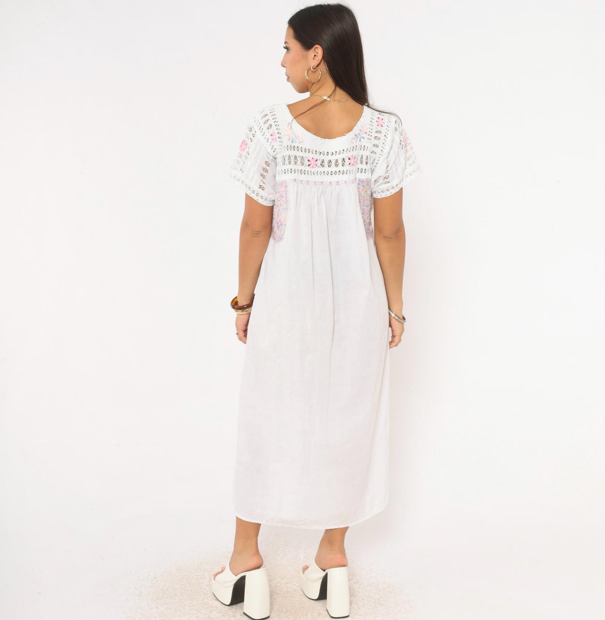 80s Mexican Embroidered Dress White Floral Crochet Lace Yoke Midi Large